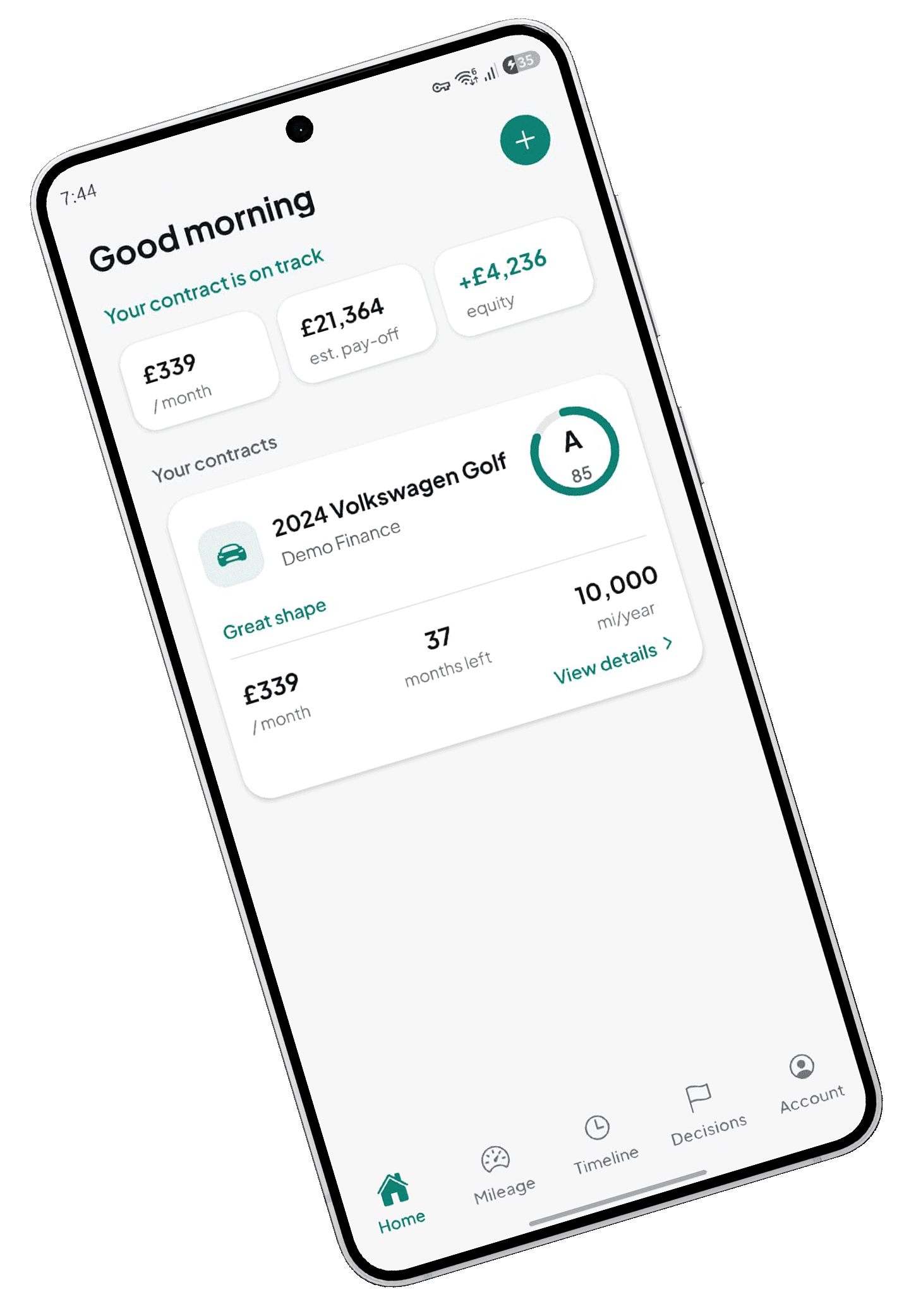 EquityGo dashboard showing a PCP contract's monthly payment, estimated equity, and condition score