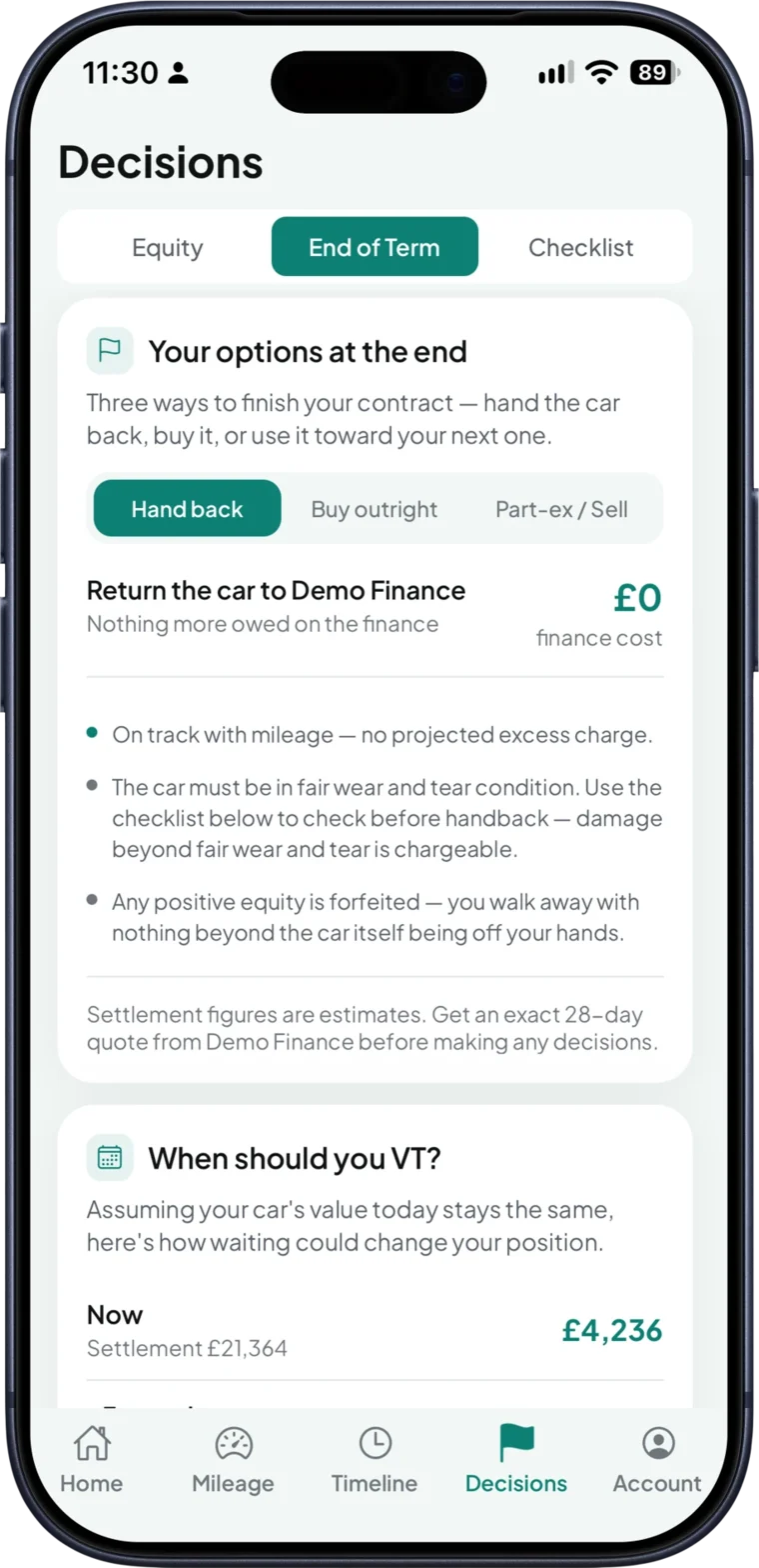 EquityGo End of Term screen comparing hand back, buy outright and part-exchange, with a When should you VT section